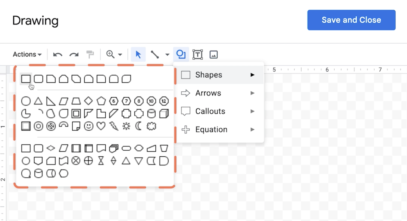 Creación de diagramas de flujo en Google Docs: opción Formas